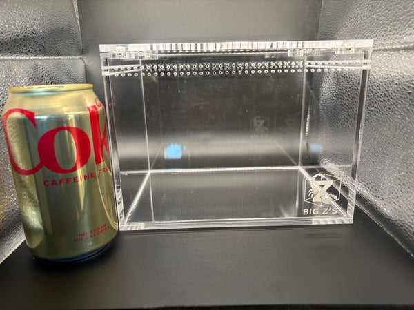 Burrow Buddy Acrylic Enclosure, 8 x 6 x 6 in 5 mm clear acrylic enclosure shown beside a 12 oz soda can for size reference