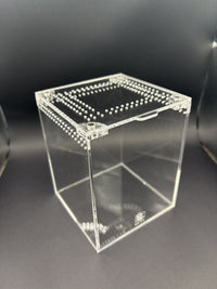 Arboreal Acrylic Enclosure, 4 x 4 x 5 in clear acrylic enclosure, alternate angle showing the ventilated lid