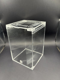Arboreal Acrylic Enclosure, 4 x 4 x 6 in clear acrylic enclosure, alternate angle showing the ventilated lid
