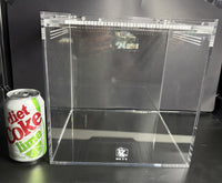 Burrow Buddy Acrylic Enclosure, 10 x 10 x 10 in clear acrylic enclosure shown beside a 12 oz soda can for size reference