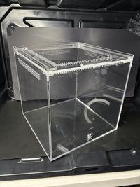 Burrow Buddy Acrylic Enclosure, 10 x 10 x 10 in clear acrylic enclosure, alternate angle showing the ventilated lid