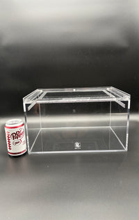 Burrow Buddy Acrylic Enclosure, 14 x 10 x 8 in clear acrylic enclosure shown beside a 12 oz soda can for size reference