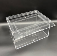 Burrow Buddy Acrylic Enclosure, 14 x 10 x 8 in clear acrylic enclosure, alternate angle showing the ventilated lid