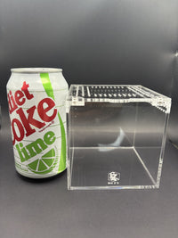 Burrow Buddy Acrylic Enclosure, 4 x 4 x 4 in clear acrylic enclosure shown beside a 12 oz soda can for size reference