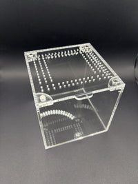 Burrow Buddy Acrylic Enclosure, 4 x 4 x 4 in clear acrylic enclosure, alternate angle showing the ventilated lid