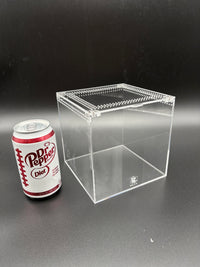 Burrow Buddy Acrylic Enclosure, 6 x 6 x 6 in clear acrylic enclosure, alternate angle showing the ventilated lid