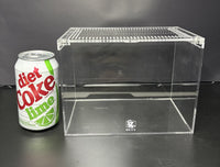 Burrow Buddy Acrylic Enclosure, 8 x 5 x 6 in clear acrylic enclosure shown beside a 12 oz soda can for size reference
