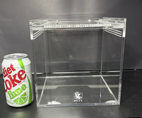 Burrow Buddy Acrylic Enclosure, 8 x 8 x 8 in clear acrylic enclosure shown beside a 12 oz soda can for size reference