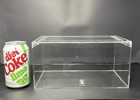 Terrestrial Acrylic Enclosure, 10 x 6 x 5 in clear acrylic enclosure shown beside a 12 oz soda can for size reference