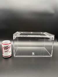 Terrestrial Acrylic Enclosure, 12 x 8 x 7 in clear acrylic enclosure shown beside a 12 oz soda can for size reference