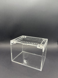 Terrestrial Acrylic Enclosure, 4 x 3 x 3 in clear acrylic enclosure, alternate angle showing the ventilated lid