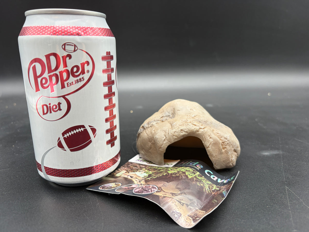 Repti Zoo extra small hide cave EHR07XS, front entrance with soda can for scale