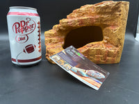 Repti Zoo 3-in-1 desert corner hide EHR27, front entrance with branded tag and soda can for scale